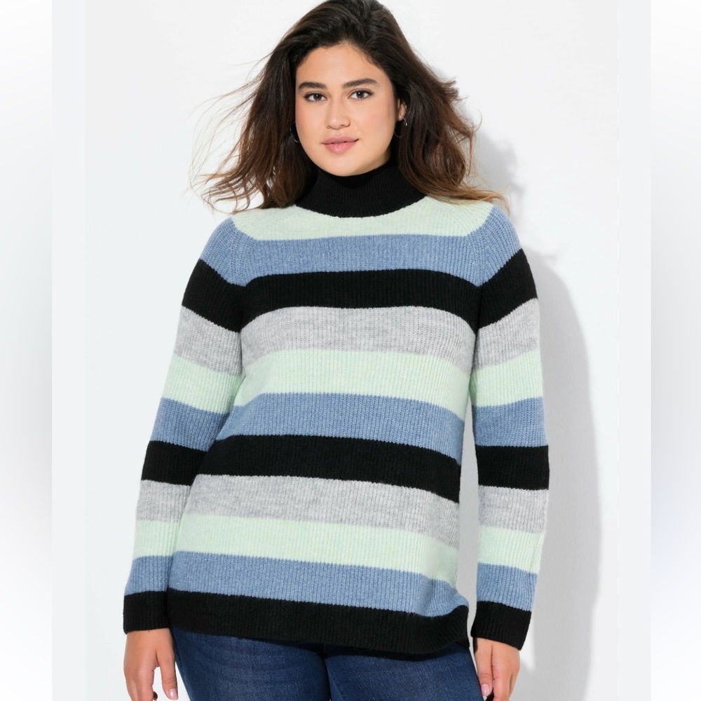 Ulla Popken Chunky Knit Striped Turtleneck Sweater